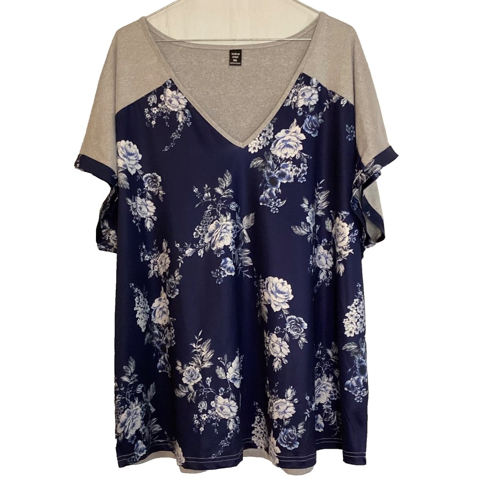 Shein Curve Blue Floral Color Block Top 3XL Flattering